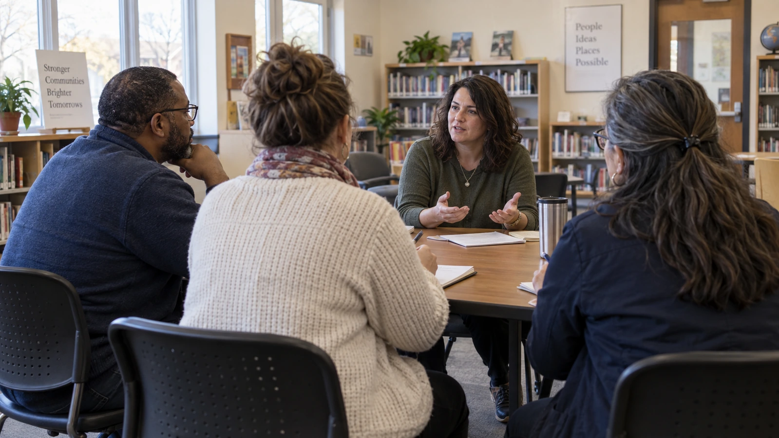 Four adults sit around a library meeting table as one woman leads a discussion, with notebooks and handouts in front of them.