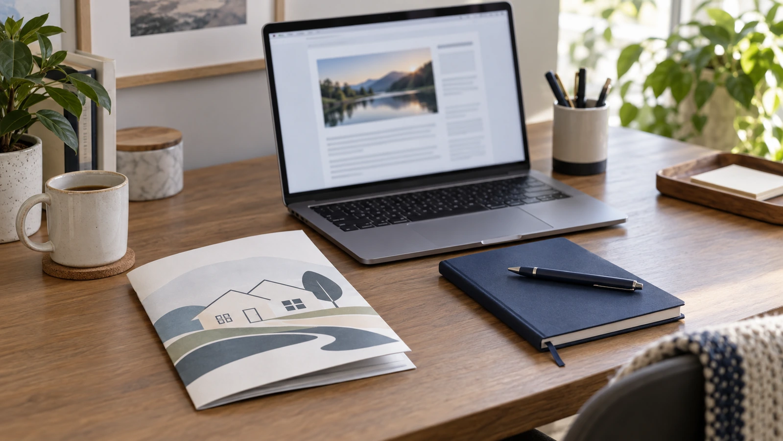 A laptop with a newsletter-style draft sits beside a folded illustrated resource booklet, navy notebook and pen on a sunlit wooden desk.