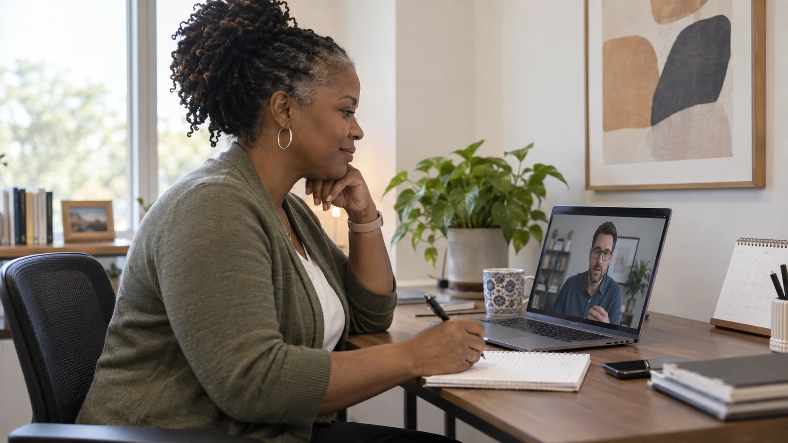 A woman takes notes at her desk while speaking with a colleague on a laptop video call.