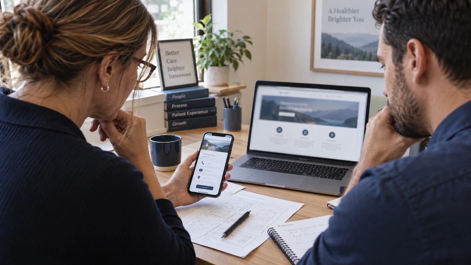Two colleagues review a smartphone contact page beside a laptop and printed website wireframes in a daylight office.