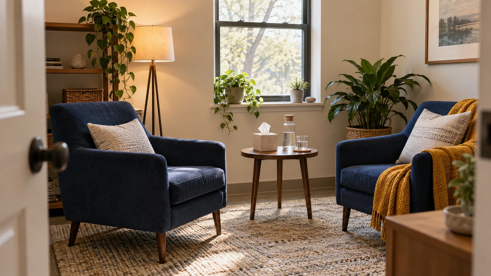 Two navy chairs and a small table in a sunlit therapy room with plants and warm neutral furnishings.
