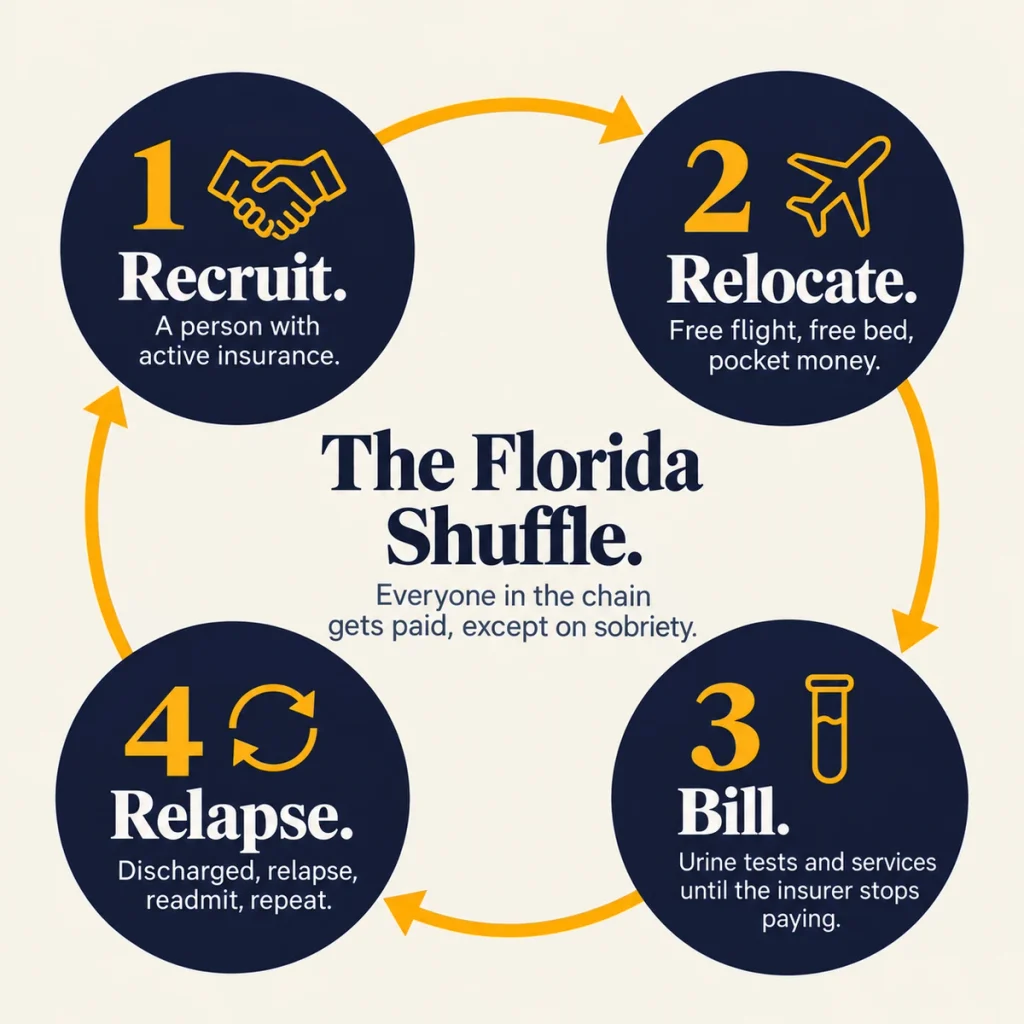 Four-step Florida shuffle cycle: recruit, relocate, bill, then relapse and repeat