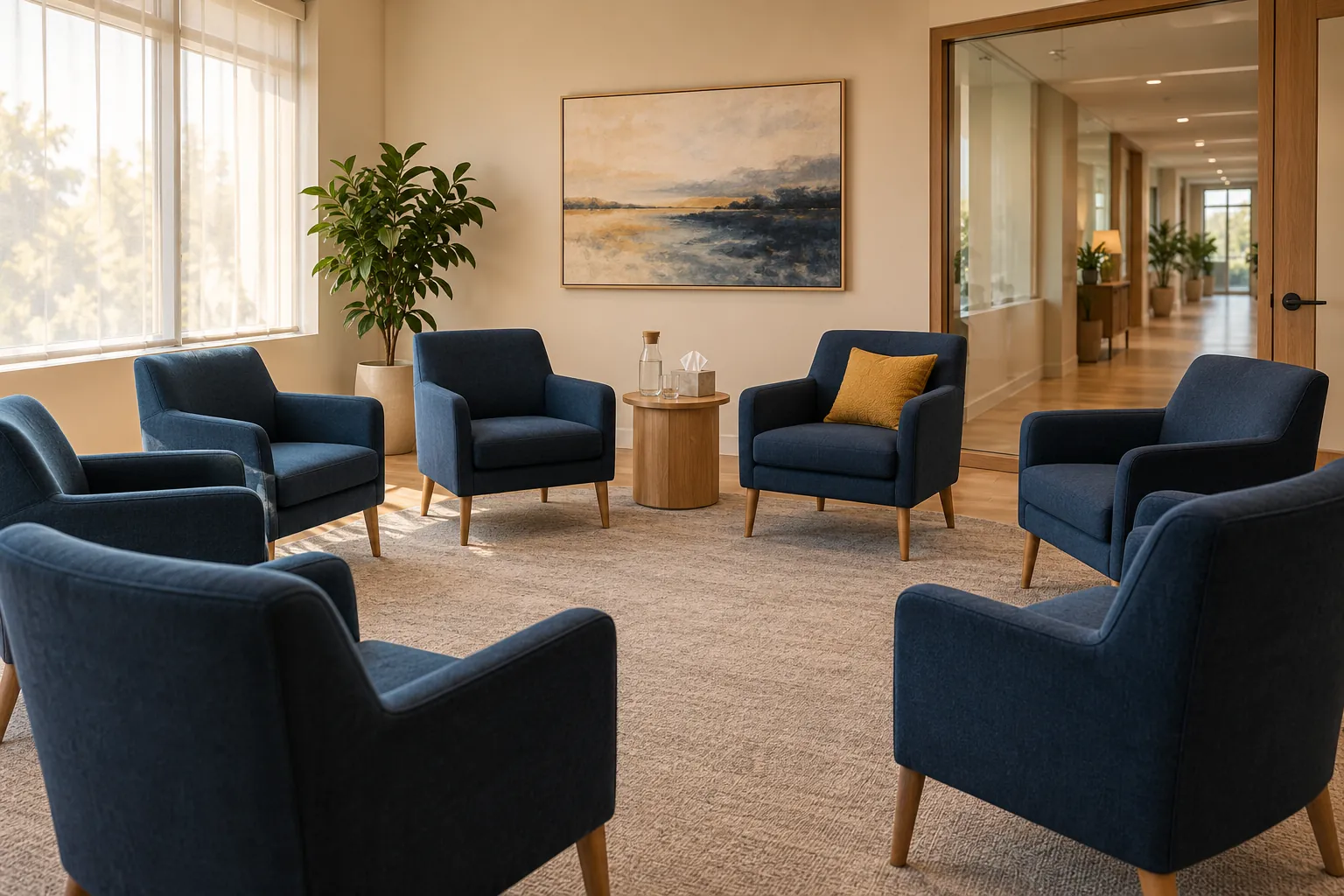 An empty group therapy room in a licensed outpatient clinic, with chairs in a circle and an interior glass panel giving a clear sight line to the corridor.