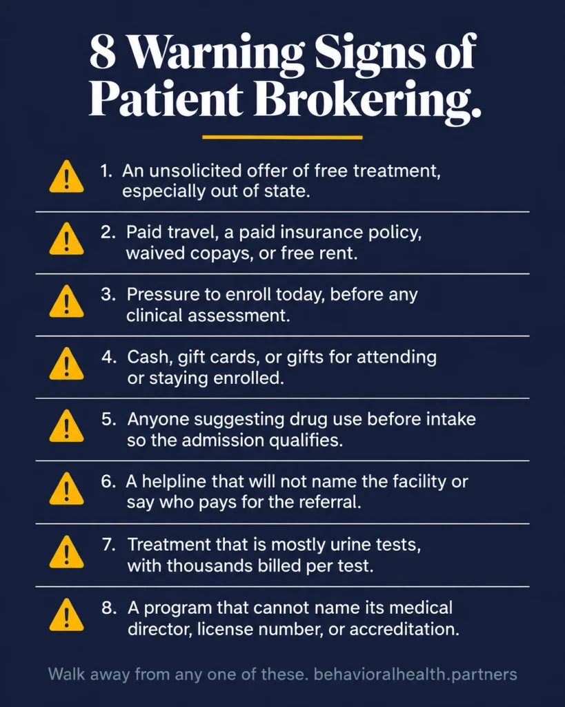 Checklist of eight warning signs of patient brokering, from free travel offers to programs with no license number