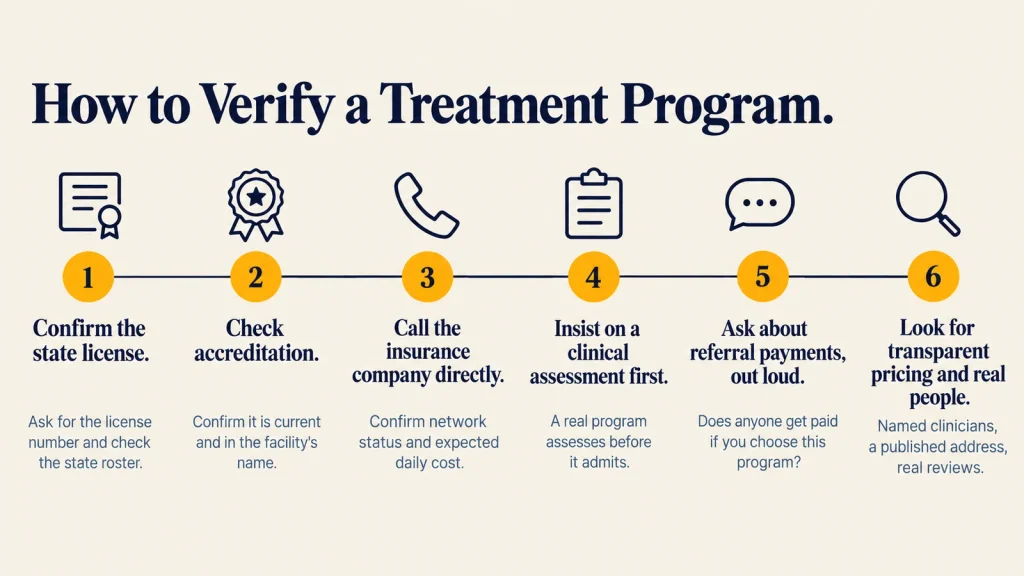 Six steps to verify a treatment program, from confirming the state license to asking about referral payments